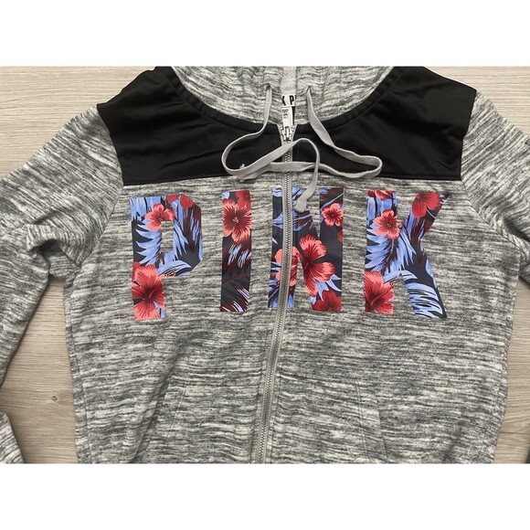 PINK by Victoria’s Secret  Gray Hoodie floral tropical  zip up jacket  medium - Picture 3 of 8
